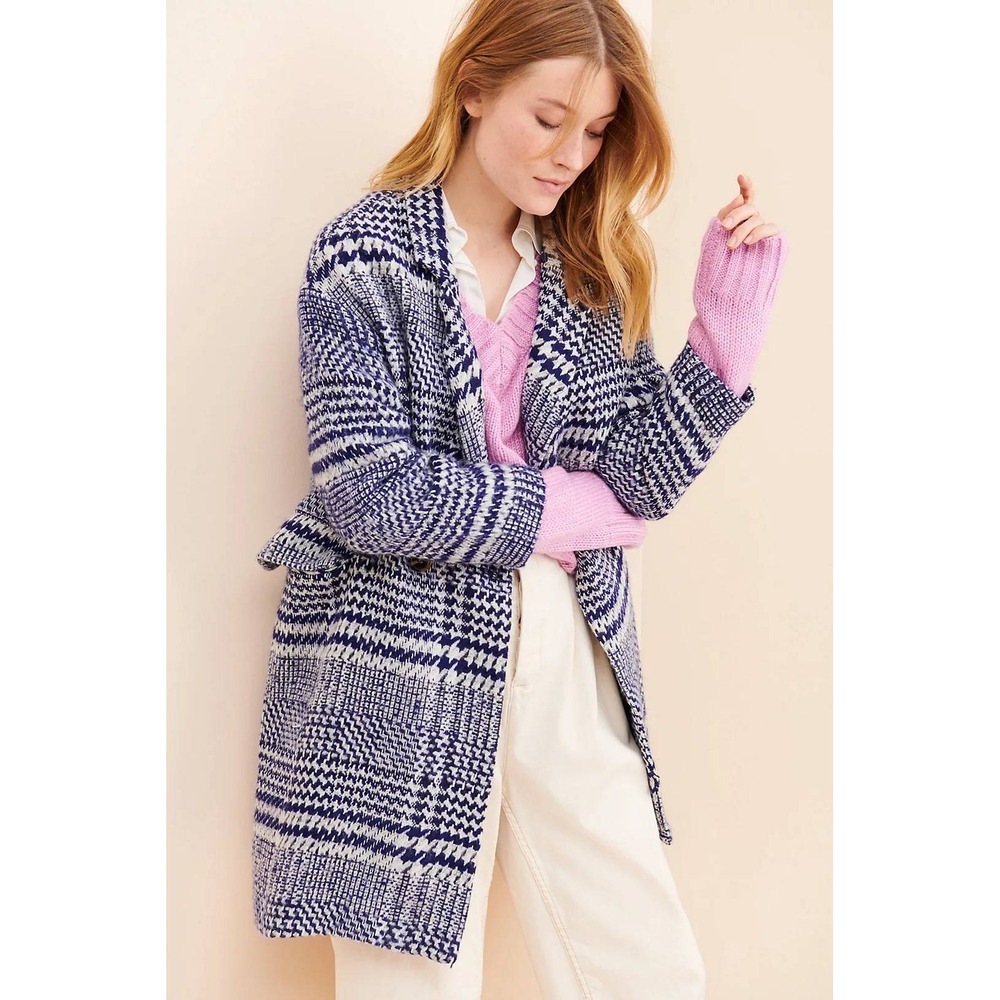CECILIE Copenhagen Anthropologie Alvia Plaid Overcoat Navy Wool Blend Coat- S